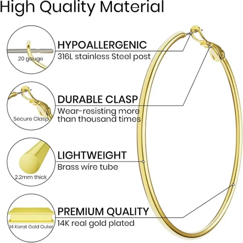 Gold 60mm Hoops, Thin, Lightweight, Gold Plated, Punk